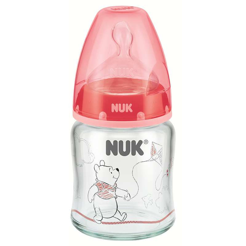 NUK耐高温120ml宽口玻璃彩色迪士尼维尼奶瓶（带初生型硅胶中圆孔奶嘴，适合0-6个月）