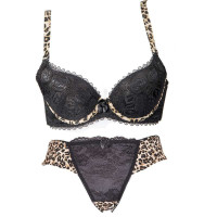 rubeh女士黑色豹纹内衣<em>文胸</em>内裤套装超聚拢加