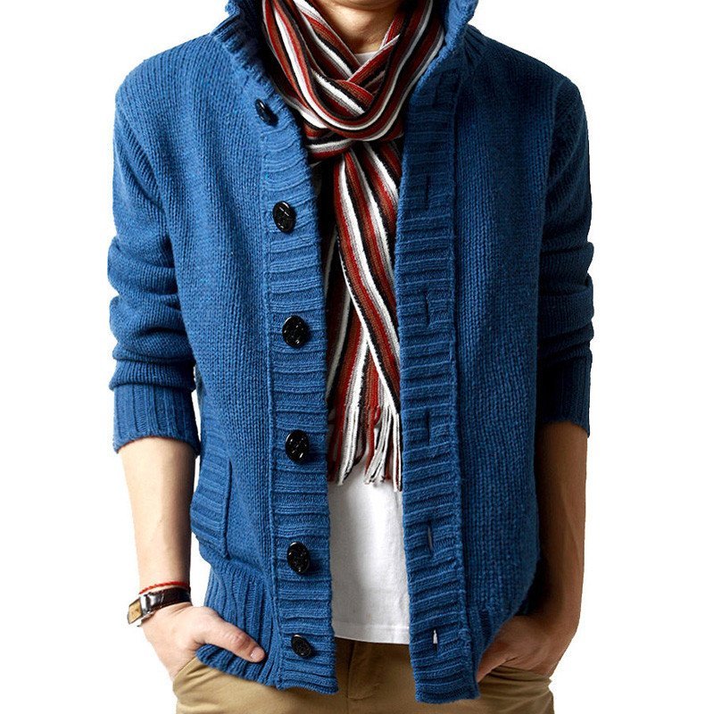 BEBEERU男装男士毛衣韩版针织衫男立领开衫男秋装外套男士粗线衣Y8029 蓝色 XL