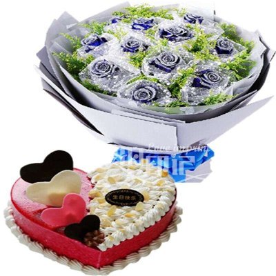 11枝蓝玫瑰鲜花花束生日蛋糕