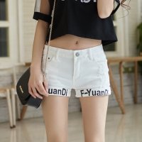 文2015夏装新款卷边白色磨破<em>牛仔短裤英文</em>字