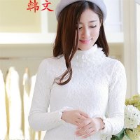 韩文2015新款加绒加厚保暖蕾丝打底衫高领花