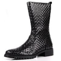 WOUFO正品男士皮靴 英伦高筒男靴 手工编织