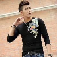 韩文中国风男装纯棉长袖T恤时尚鲤鱼图案纹身