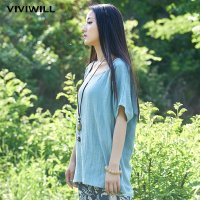 VIVIWILL 2015秋装新品宽松休闲亚麻T恤纯色