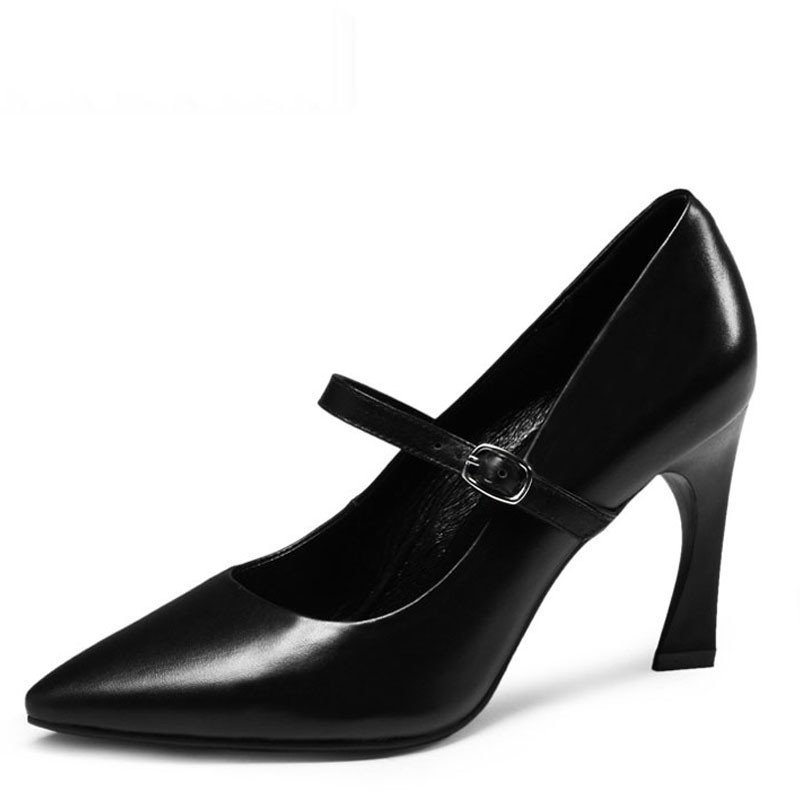 柯玛妮克2015新款潮流搭扣真皮女鞋子 烤漆细高跟单鞋K55251 黑色 34码