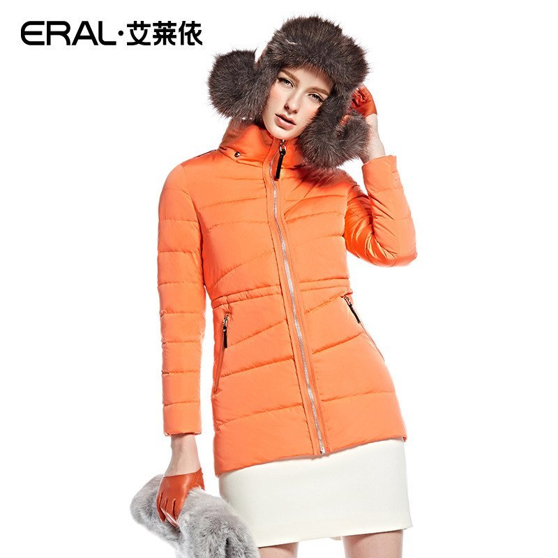 艾莱依2015冬新款中长款雷锋帽羽绒服加厚 保暖女款外套ERAL6065D 175/96A/XXL 香橙色