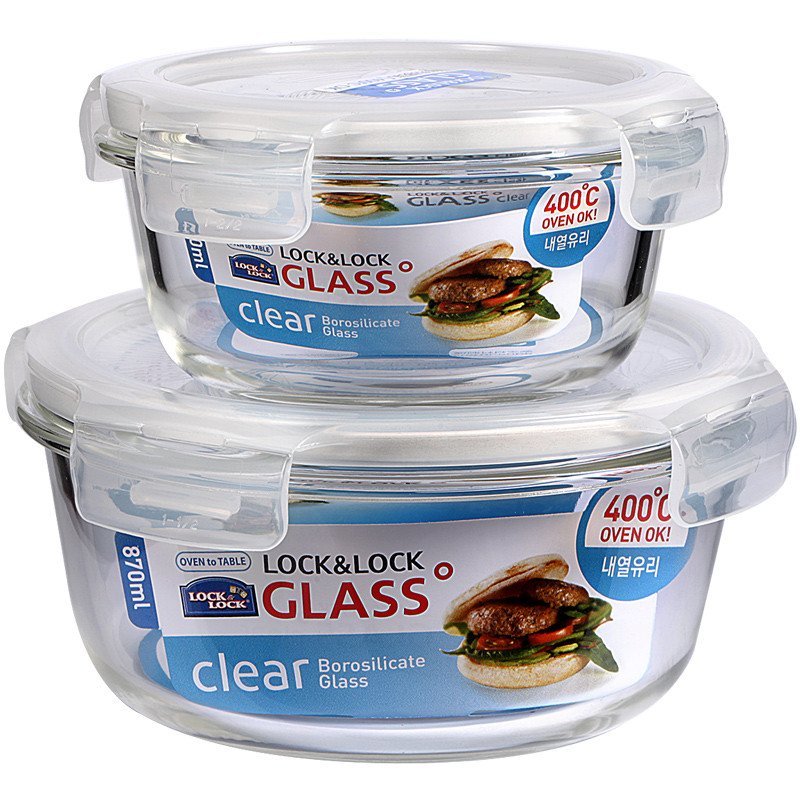 乐扣乐扣(lock lock)LLG855S013PR（380+870ML）耐热玻璃饭盒 便当盒两件套装 微波烤箱加热盒 白色