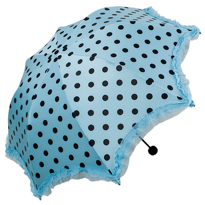 天堂伞 UPF50+黑胶丝印黑圆点拼双层蕾丝花边三折蘑菇晴雨伞太阳伞 30046ELCJ