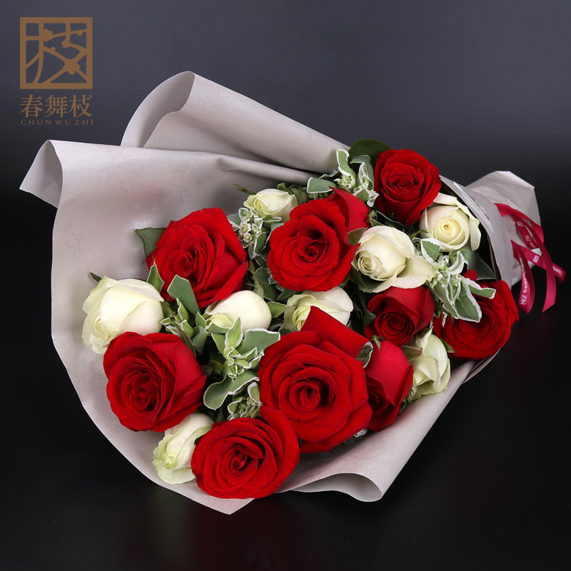 【春舞枝系列】19枝红白混搭玫瑰花图片,高清实拍图—