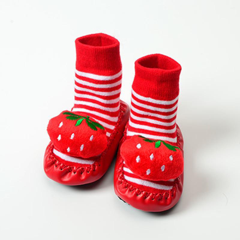 宝宝地板袜婴儿男女童布底皮边加厚毛圈秋冬学步鞋 防滑公仔袜 16cm(24-36个月) 红色草莓
