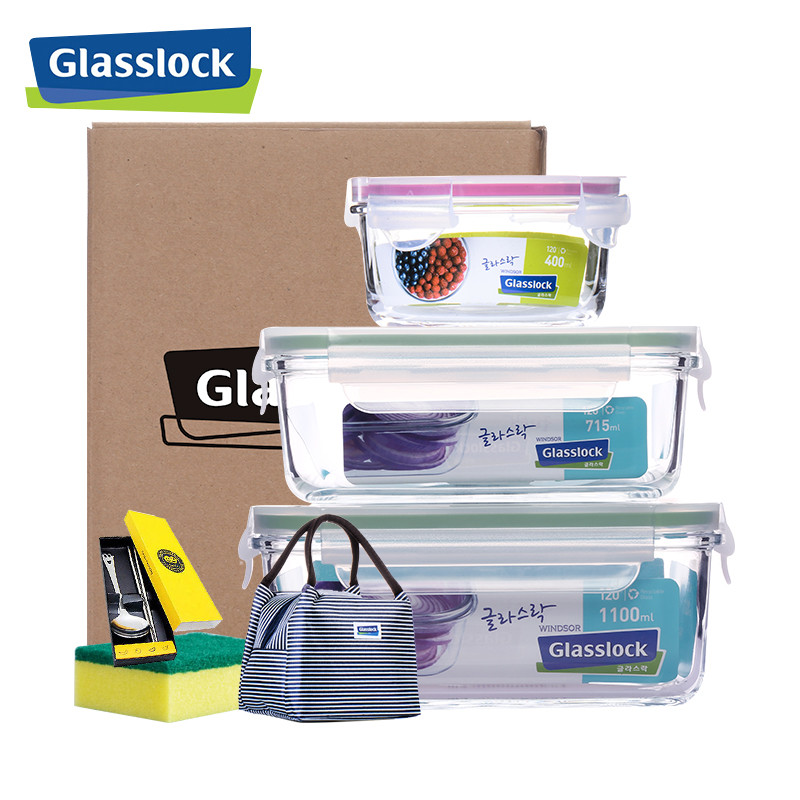 GLASSLOCK玻璃保鲜盒 韩国进口耐热耐摔饭盒3件套装 3件套装（密封圈颜色随机）