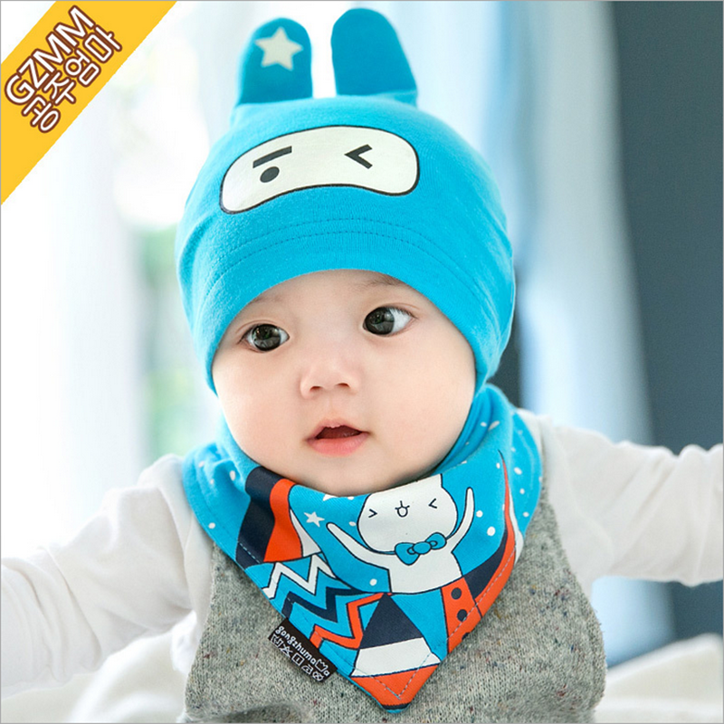 贝迪牛+新生儿胎帽婴儿帽 男女宝宝帽三角巾套装 均码（0-12个月） 蓝色兔八哥两件套