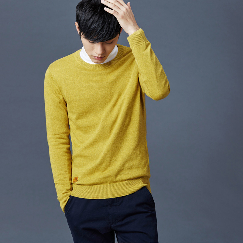 蒙洛里克2019春季新款男士毛衣圆领套头韩版青年纯棉修身针织衫线衫 黄色 XL