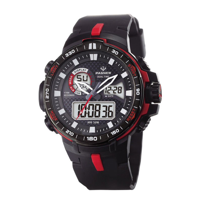 百圣牛（PASNEW）手表 多功能电子表男表 防水学生儿童计时夜光双显表460 黑红色