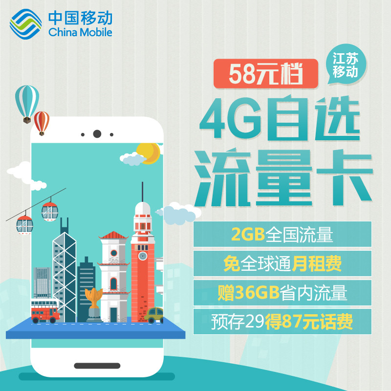江苏移动58元4G自选大流量上网卡移动手机电话卡号码卡首月免费用送36G流量