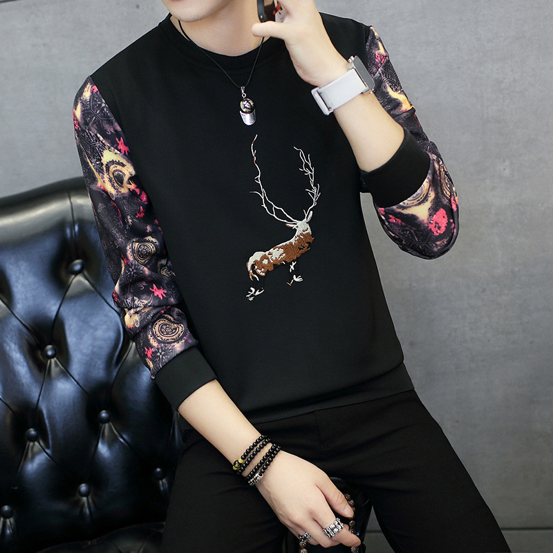 2017春季新品长袖圆领套头卫衣男青潮韩版修身休闲太空棉长袖T恤 XL 14黑色