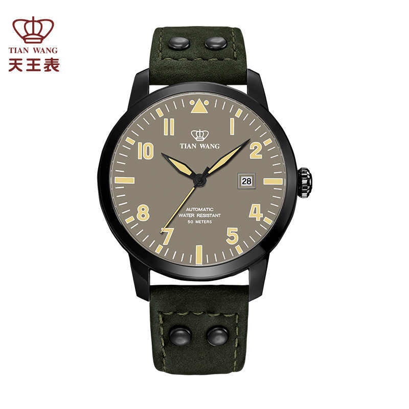 天王表正品自动机械表运动夜光手表防水男士腕表新品军表GS5928 褐色表盘磨砂墨绿表带