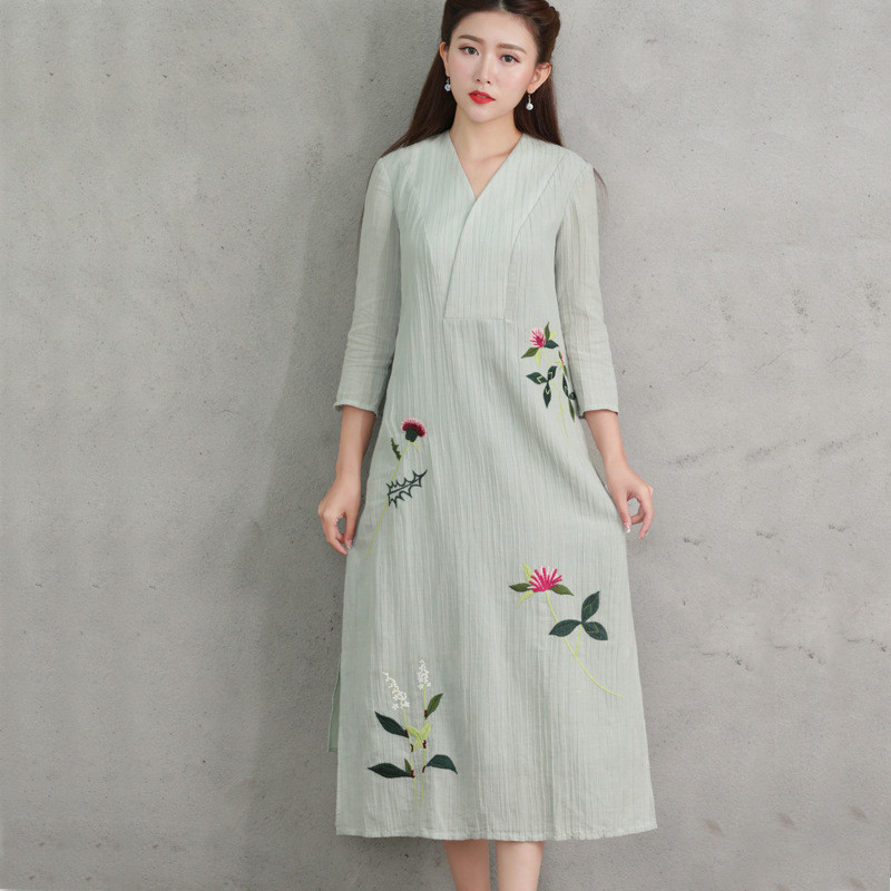 2017夏新款民族风刺绣花棉麻提花中袖宽松双