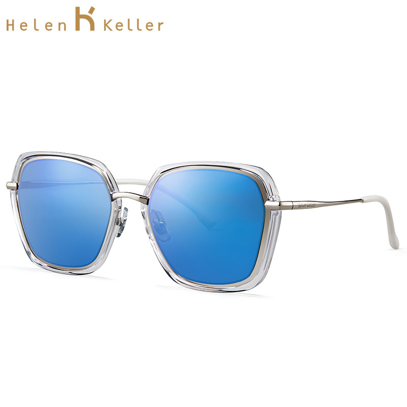 海伦凯勒2017年新款太阳镜女款 明星潮流时尚百搭偏光墨镜女H8621 透明框+萨克斯蓝镀膜镜片HD52