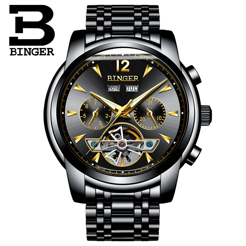 宾格（BINGER） 年度新款 自动机械表 男士手表 时尚商务创意镂空男表 学生多功能运动夜光男生运动腕表 海浪系列 黑色钢带黑面