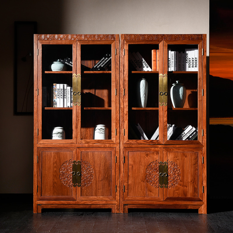 龙森家具 新中式红木实木书柜富贵祥云玻璃柜刺猬紫檀书橱置物架家具 两门书柜