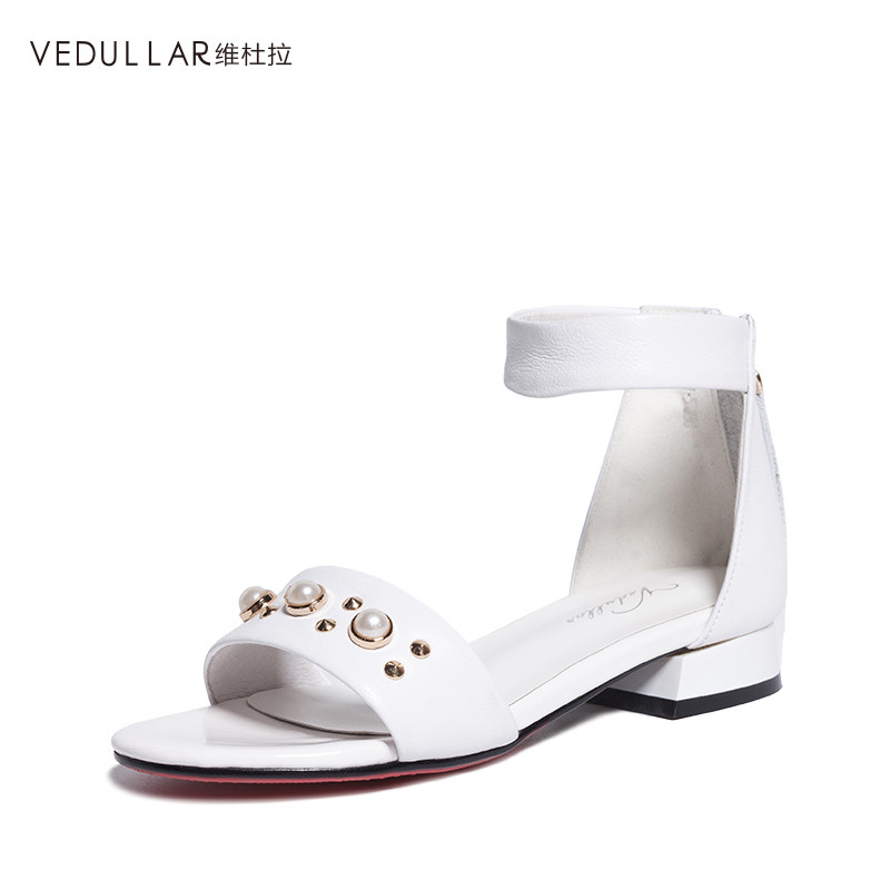 维杜拉(Vedullar)夏季新款韩版一字扣带凉鞋真皮露趾平底粗跟低跟罗马凉鞋女潮 白色 37码