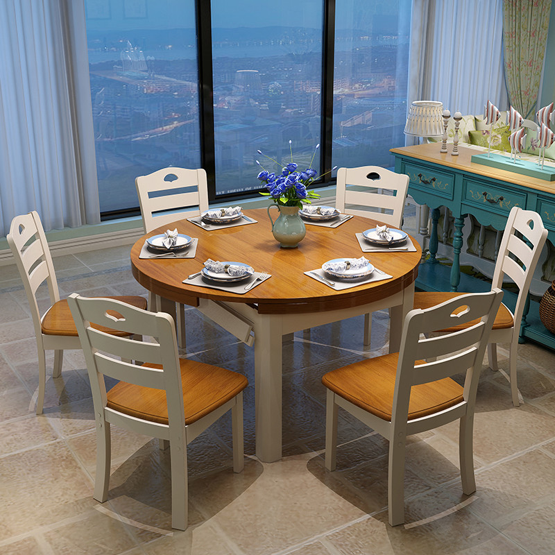 梵宜家居 地中海 餐桌餐椅套装 餐桌折叠 伸缩餐桌实木饭桌 餐桌椅组合简约现代 餐桌+6椅子（地中海）+80cm转盘