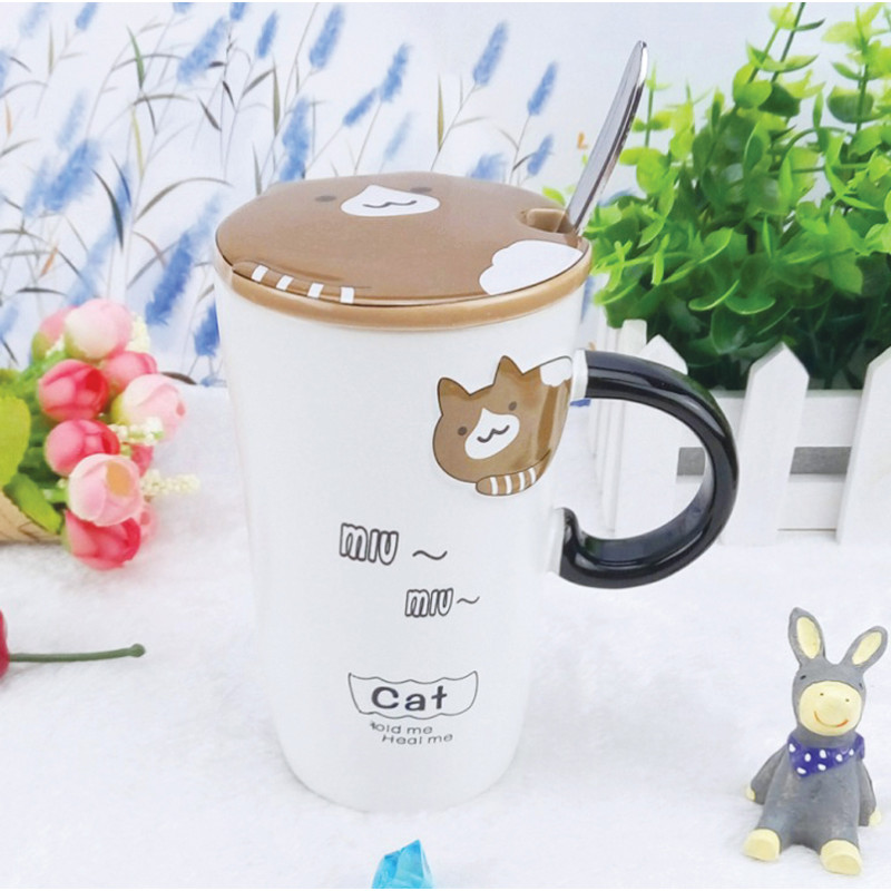 艺锦蓝 创意浮雕猫杯子陶瓷马克杯大容量水杯水具带盖勺情侣喝水杯牛奶咖啡杯 棕色