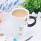 艺锦蓝 创意浮雕猫杯子陶瓷马克杯大容量水杯水具带盖勺情侣喝水杯牛奶咖啡杯 棕色