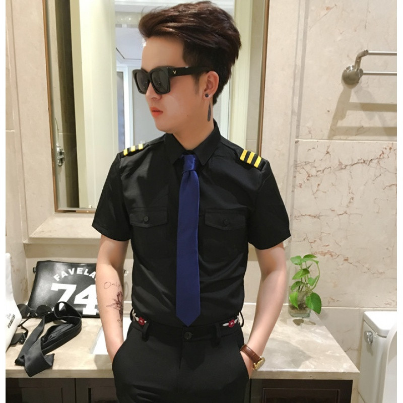 2017职业装男衬衫潮海军风短袖衬衣酒吧保安ktv工作服理发店空少制服