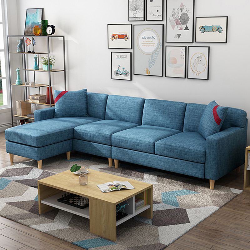 择木宜居 布艺沙发组合 北欧沙发实木沙发组合客厅家具 蓝色（四人位+脚踏）