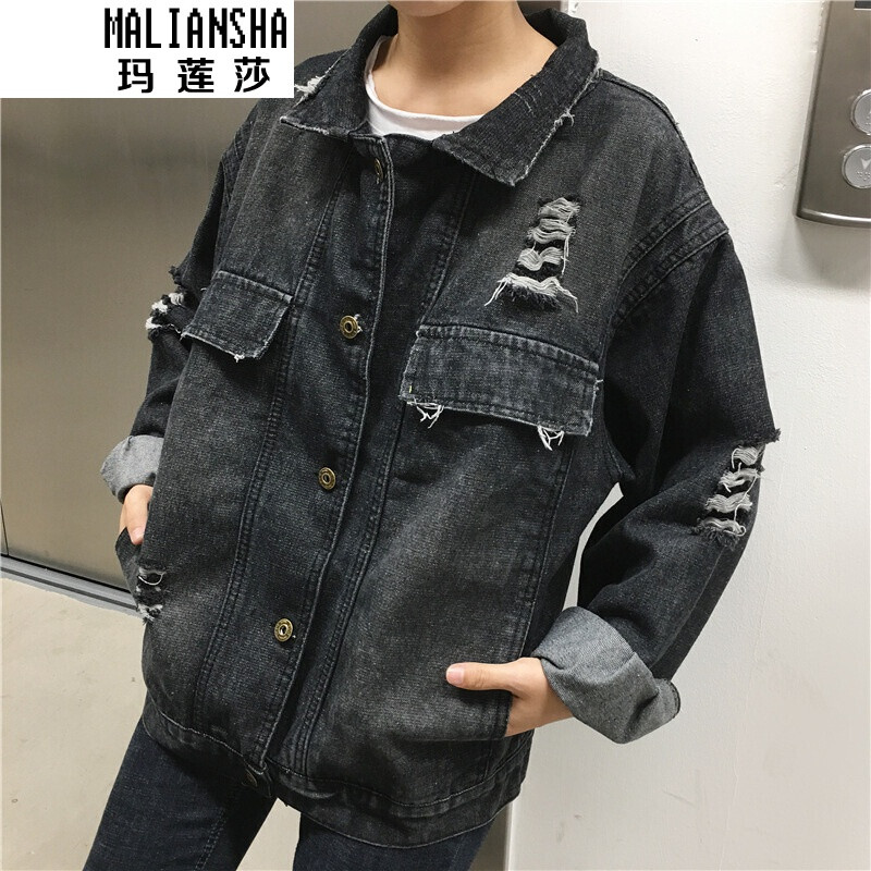牛仔外套2017秋季新款韩版复古水洗磨破宽松牛仔外套女大码牛仔服夹克图片