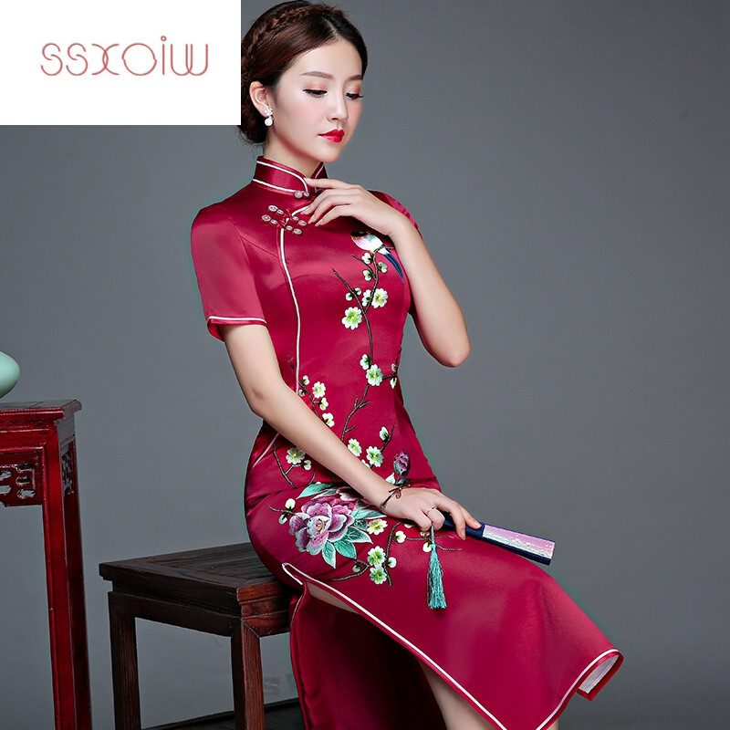 ssxoiw妈妈装婚宴桑蚕丝旗袍中长款大码喜婆婆婚礼旗袍裙重磅真丝改良