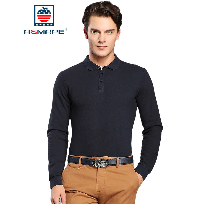 AEMAPE美国苹果 长袖t恤男士翻领Polo纯色休闲棉质新款长袖打底衫 180/XL 宝蓝色