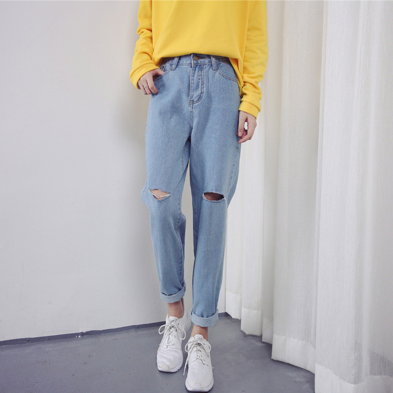 黑色破洞高腰哈伦牛仔裤女长裤秋季韩版潮学生