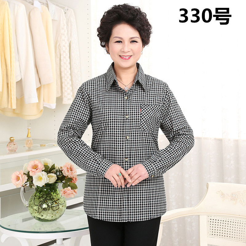 bw9新款中老年纯棉长袖格子衬衫女春秋款妈妈