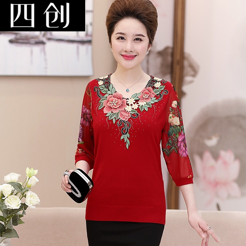 妈妈装针织衫上衣中年女装秋装中袖恤中老年人