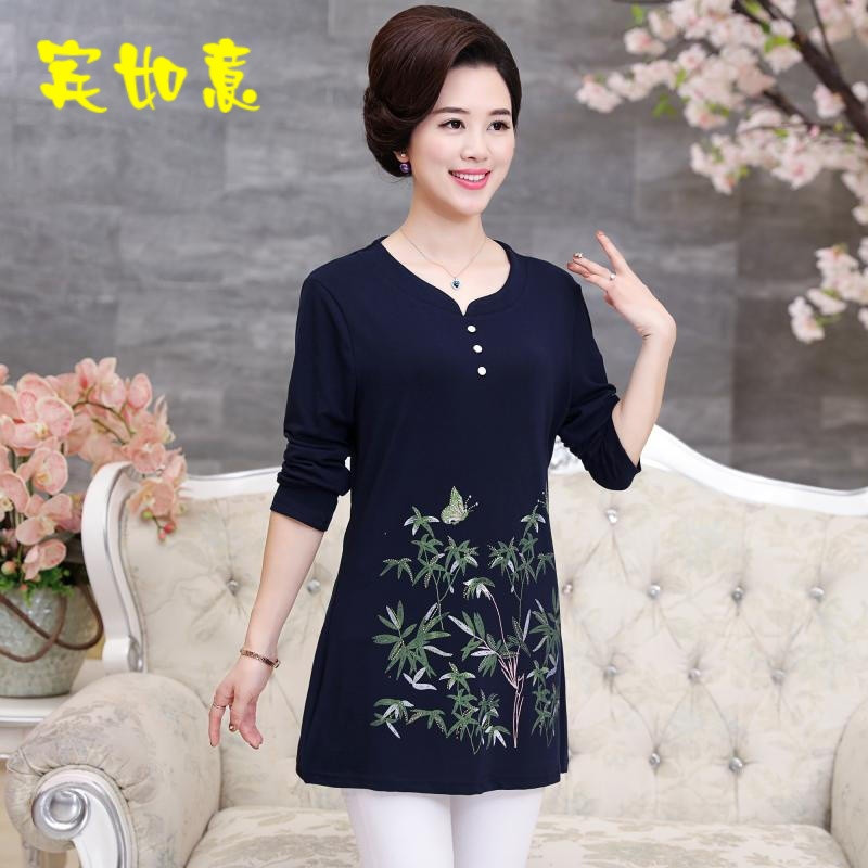 新款中老年女装长袖恤女40-50岁中长款中年妇