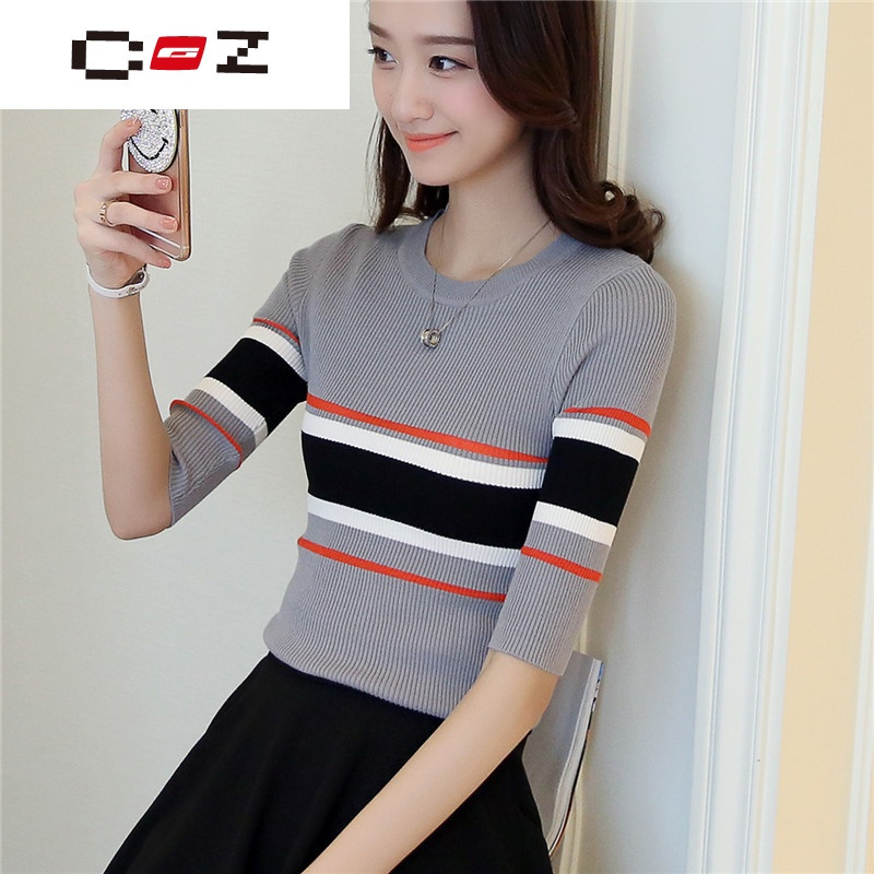 CZ潮流品牌中袖针织衫女套头修身冰丝短款五