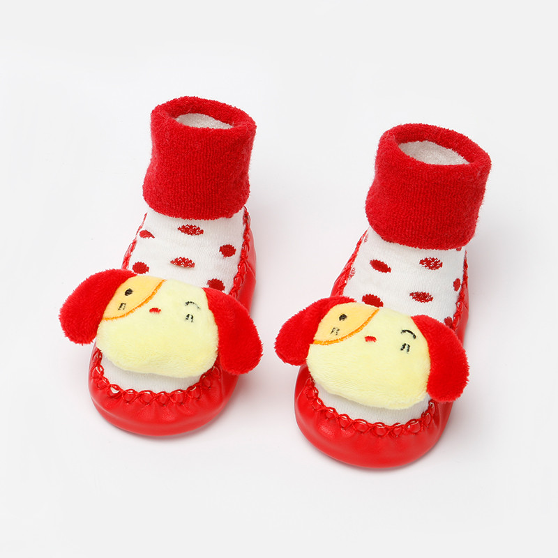 可爱卡通婴儿鞋袜秋冬地板袜毛圈袜宝宝学步袜加厚全棉儿童袜子 9-18个月 红耳朵狗狗