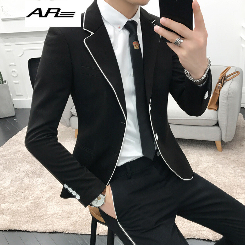 ar2017秋冬新款男装英伦白边配饰小西装男修身伴郎西服外套 m 灰色