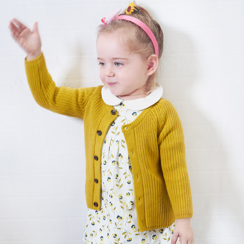 婴姿坊女童纯色圆领单排扣韩版针织外套简约羊衫 2色可选 80-120cm 1-6岁宝宝 黄色 100cm