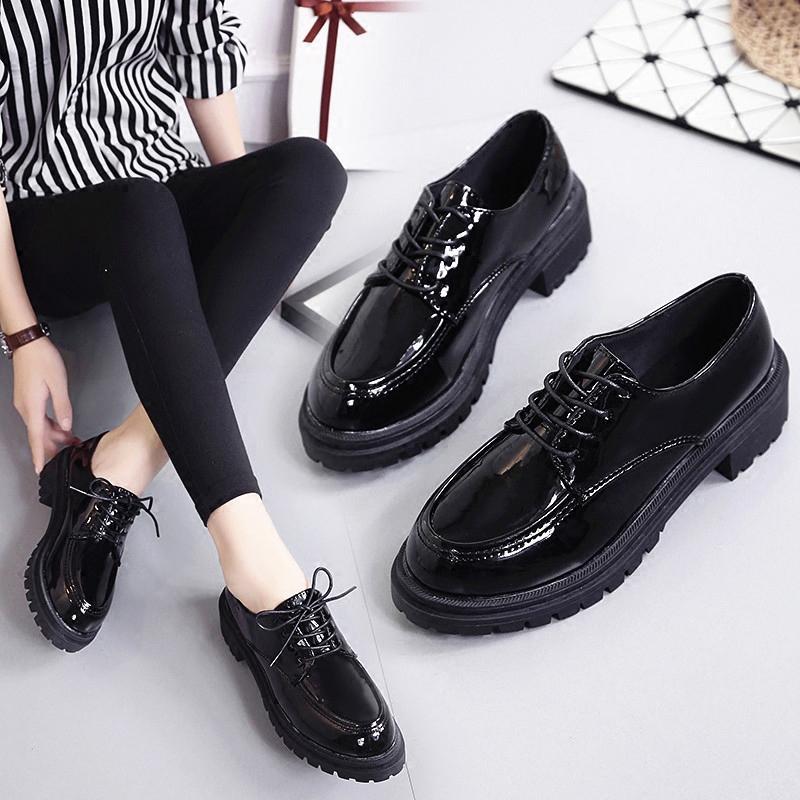 新款英伦风女鞋漆皮单鞋学生低帮鞋韩版潮复古百搭系带圆头原宿小皮鞋