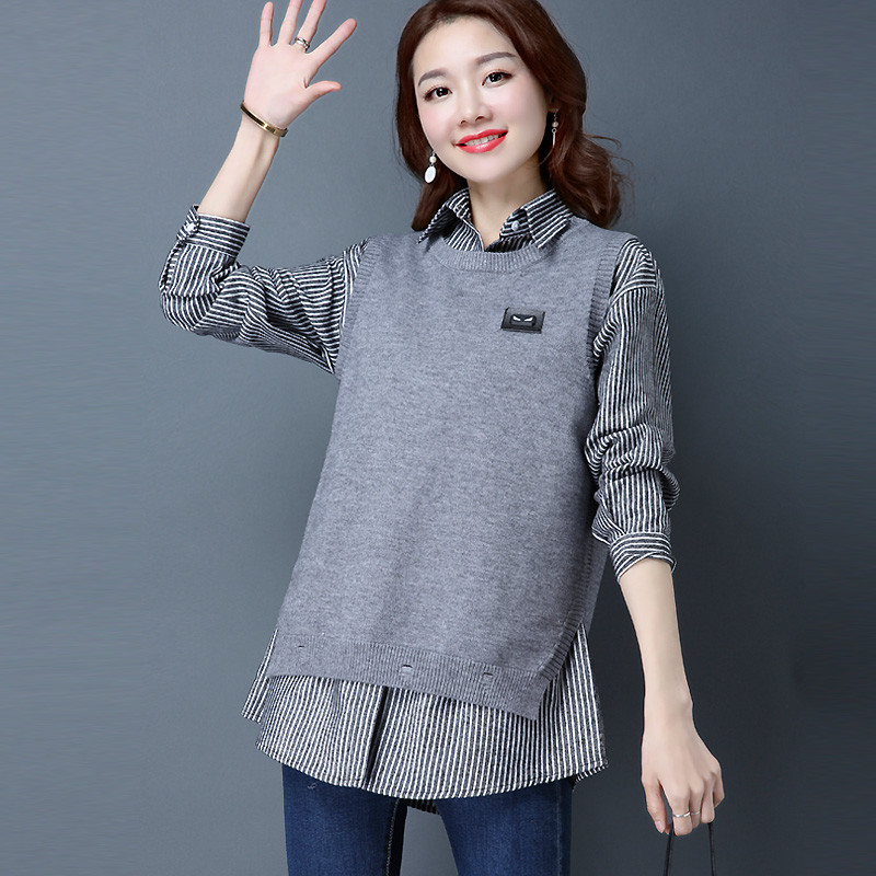 bw9新款春秋长袖衬衫毛衣两件套马甲背心针织