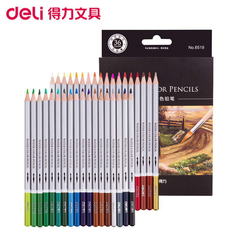 得力(deli)6519 36色水溶性彩铅纸盒装（内赠毛笔） 36色