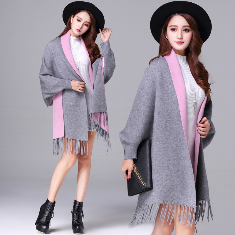 薇侣2017秋冬季女毛衣双面羊绒流苏披肩针织