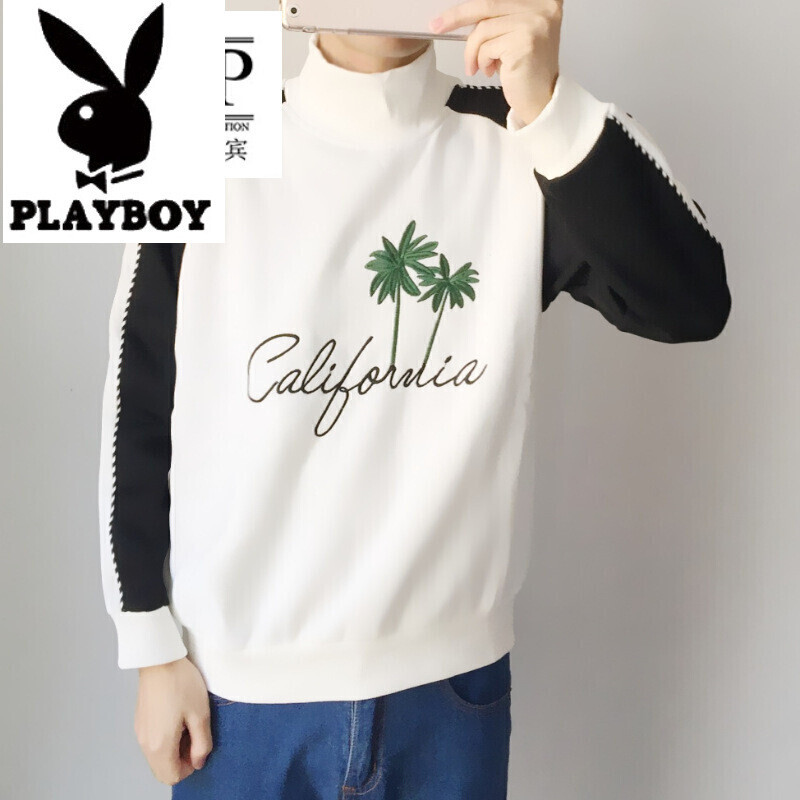 花花公子高圆领套头卫衣椰树刺绣字母虚线撞色