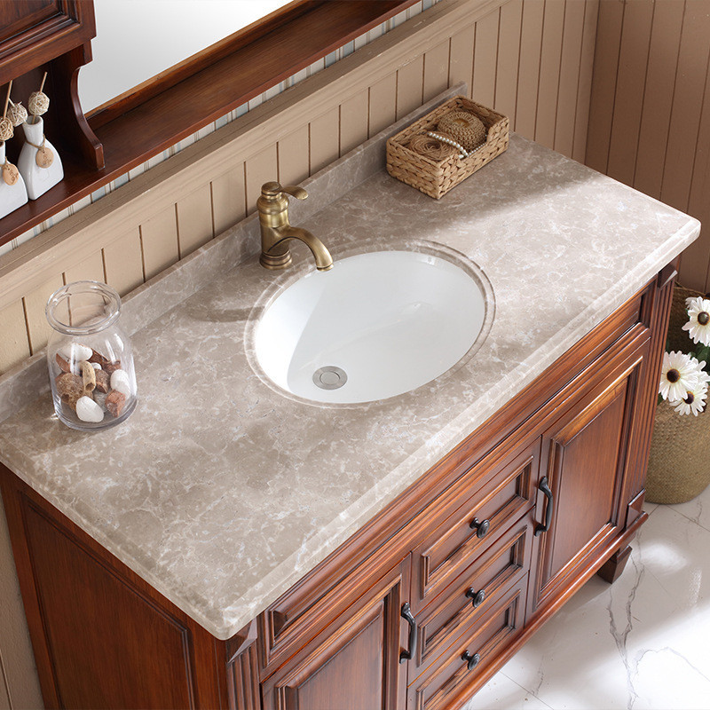 定制美式浴室柜 橡木实木组合落地柜组合套装 大理石台面洗手盆d6103