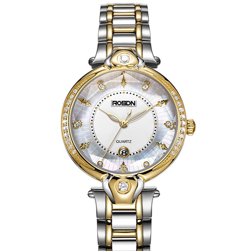 劳士顿（ROSDN)女士手表 潮流时尚防水石英表 镶钻钢带女表 3236 间金钢带